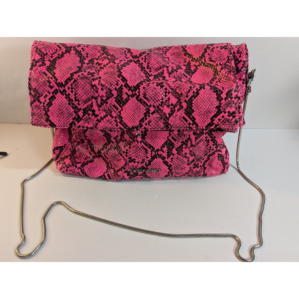 Sassy Jones Sadie Faux Snake Texture Rollup Clutch Black Pink Leather